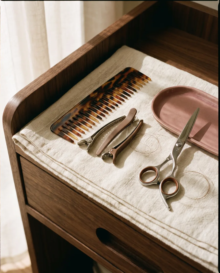Shears, sectioning clips and a tortoiseshell comb laid out on linen across a walnut salon trolley.