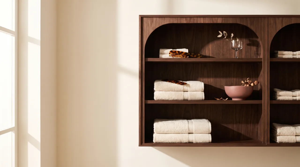 An arched walnut cabinet in daylight, holding folded cream towels, tortoiseshell combs and a rose ceramic bowl.