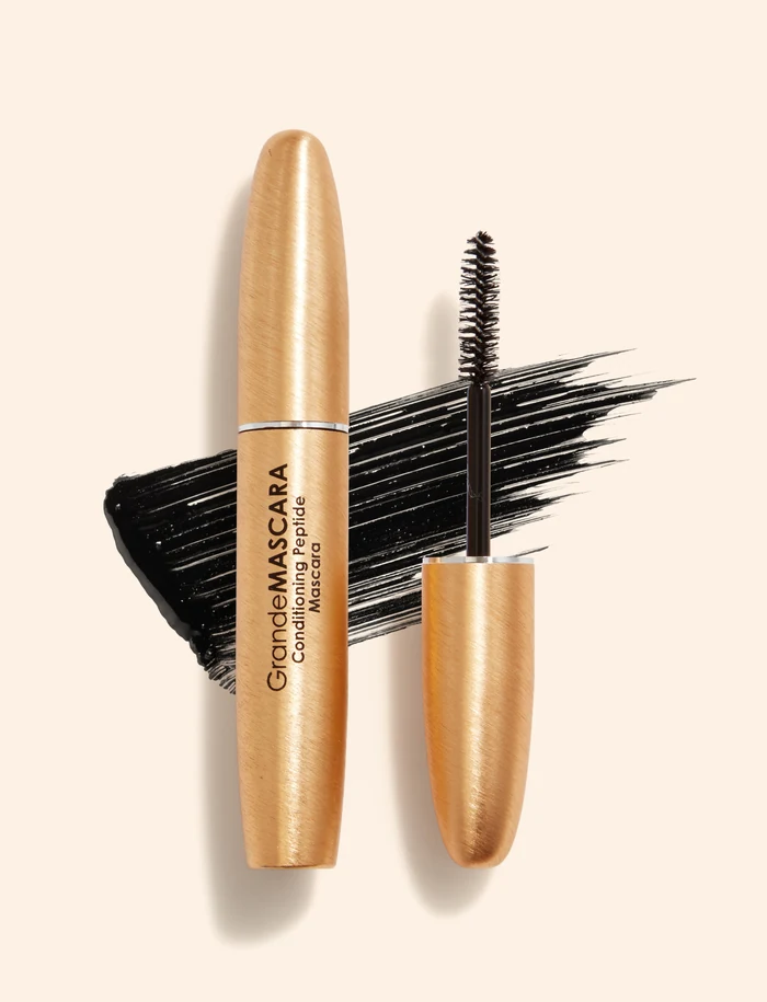 GrandeMASCARA Conditioning Peptide Mascara, a gold tube beside its wand and a black swatch.